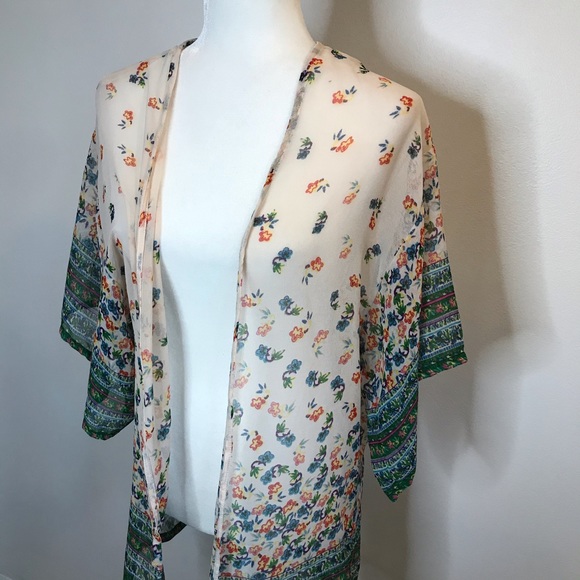 SOLD|Angie Floral Kimono Sheer Boho Cream & Green - Picture 2 of 6